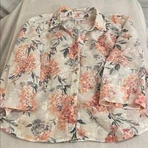 Alfred Dunner 100% Cotton Cream Blouse with Coral & Gray Floral Embroidery